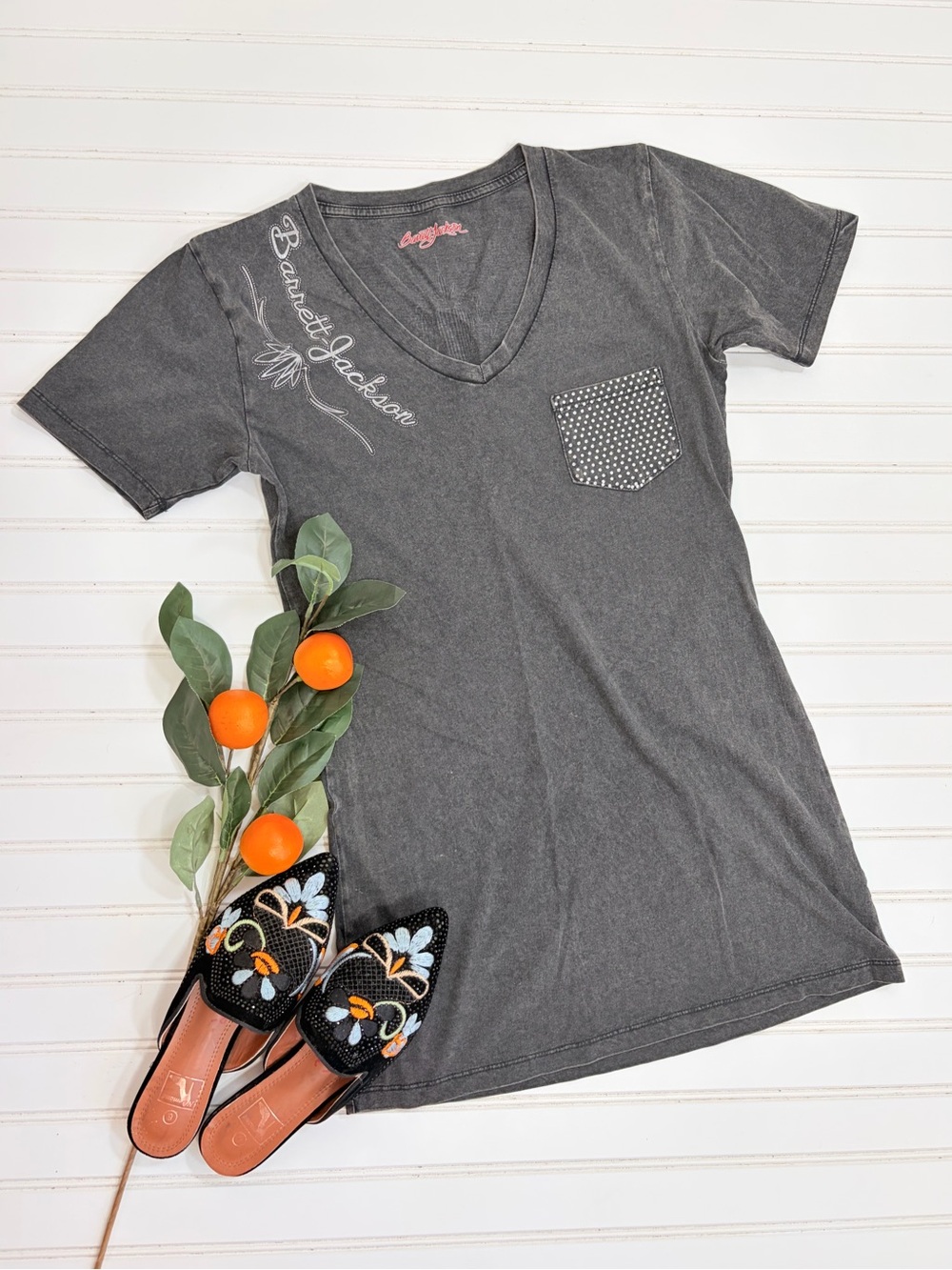 Barrett Jackson Rhinestone Pocket VNeck Tee